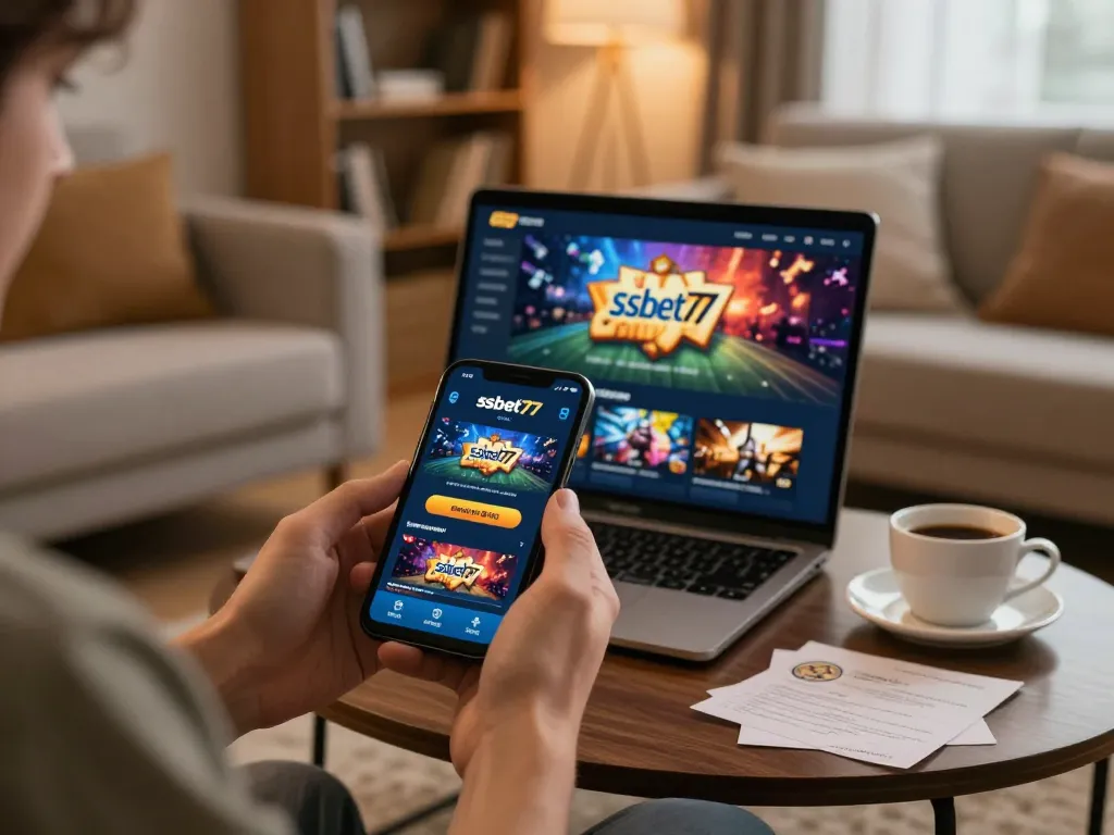 Engaging in gaming strategies while using the ssbet77 app on a smartphone in a cozy home setting