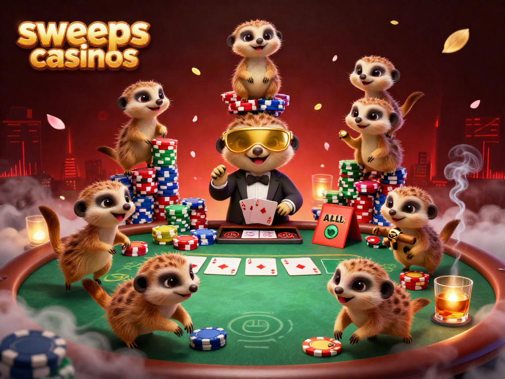 Sweeps casinos illustration with meerkats running a vibrant poker setup featuring colorful chips and rich details.