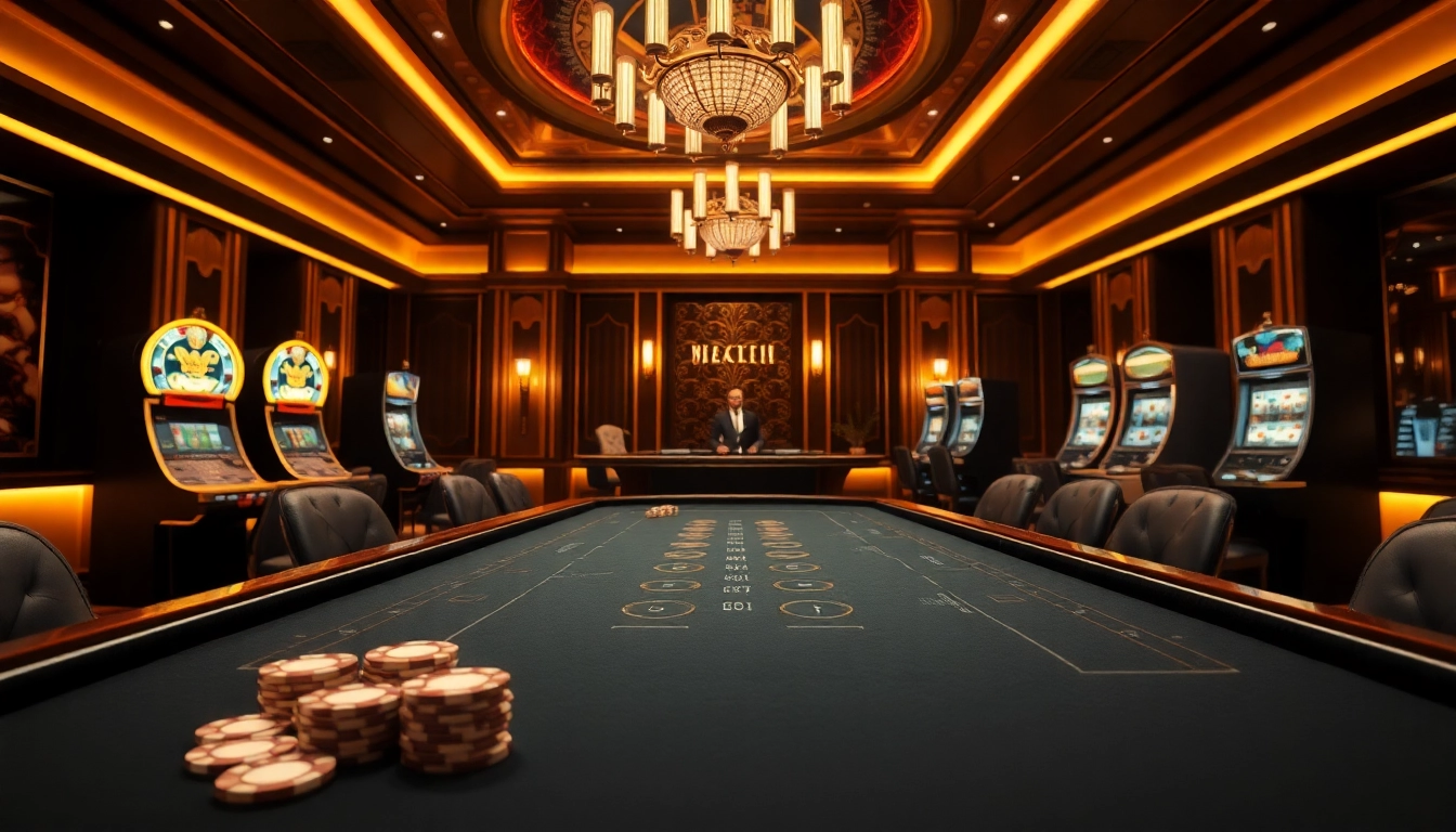Experience luxury gaming at https://23win.art/ with rich visuals of an elegant online casino, featuring ambient lighting and exquisite decor.