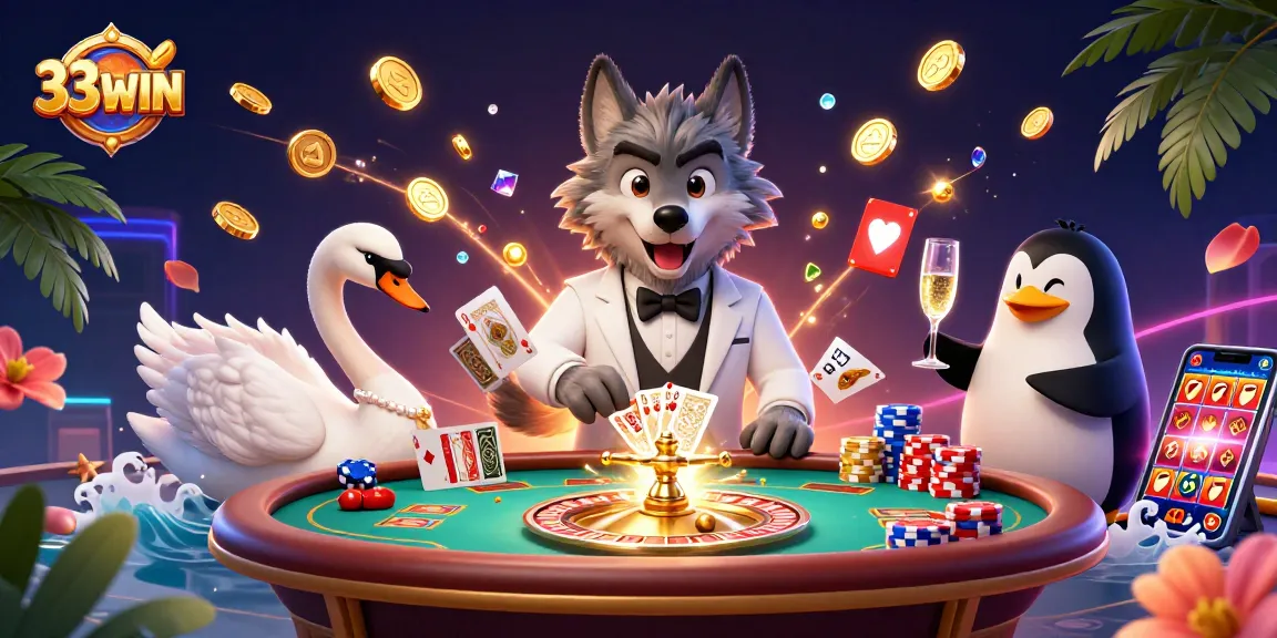 Engaging 33WIN illustration with animated wolf, swan, and penguin in a vibrant casino scene.