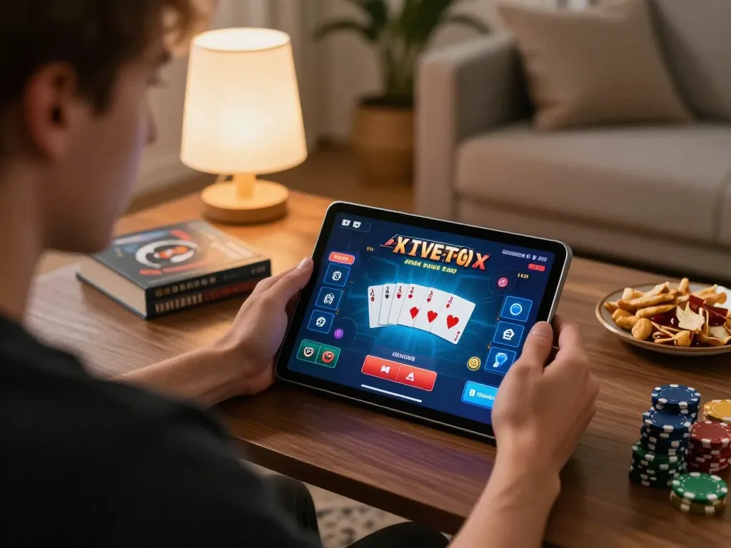 Player engages in an exciting NK88 online poker game at home, showcasing strategic gameplay and comfort.