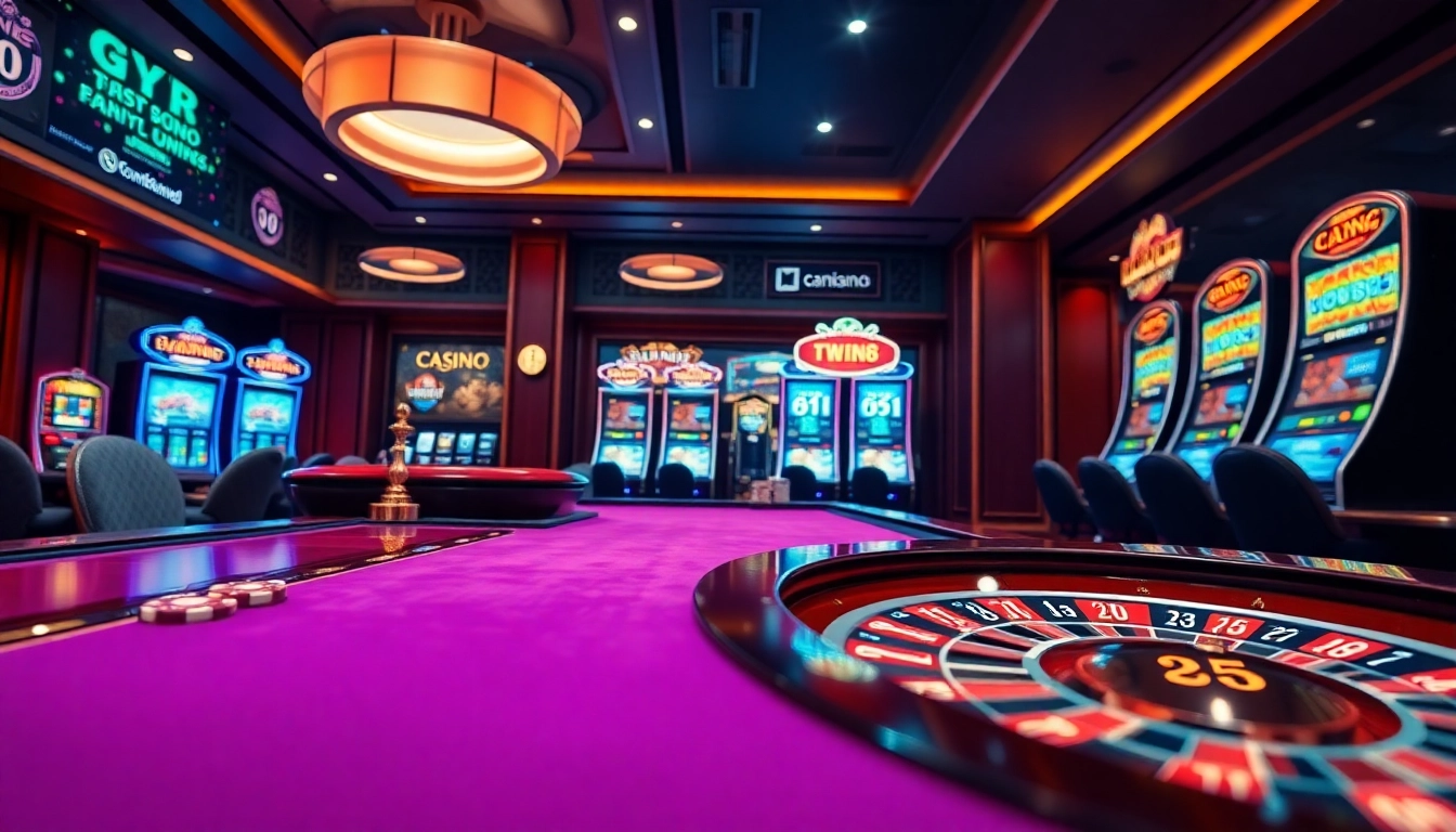 TWIN68 offers an exciting gaming experience with glamorous casino tables and vibrant slot machines.