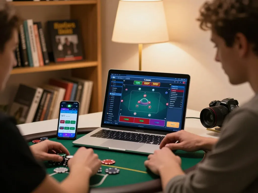 Engaging online poker gameplay at home with F168 platform and strategic notes displayed.