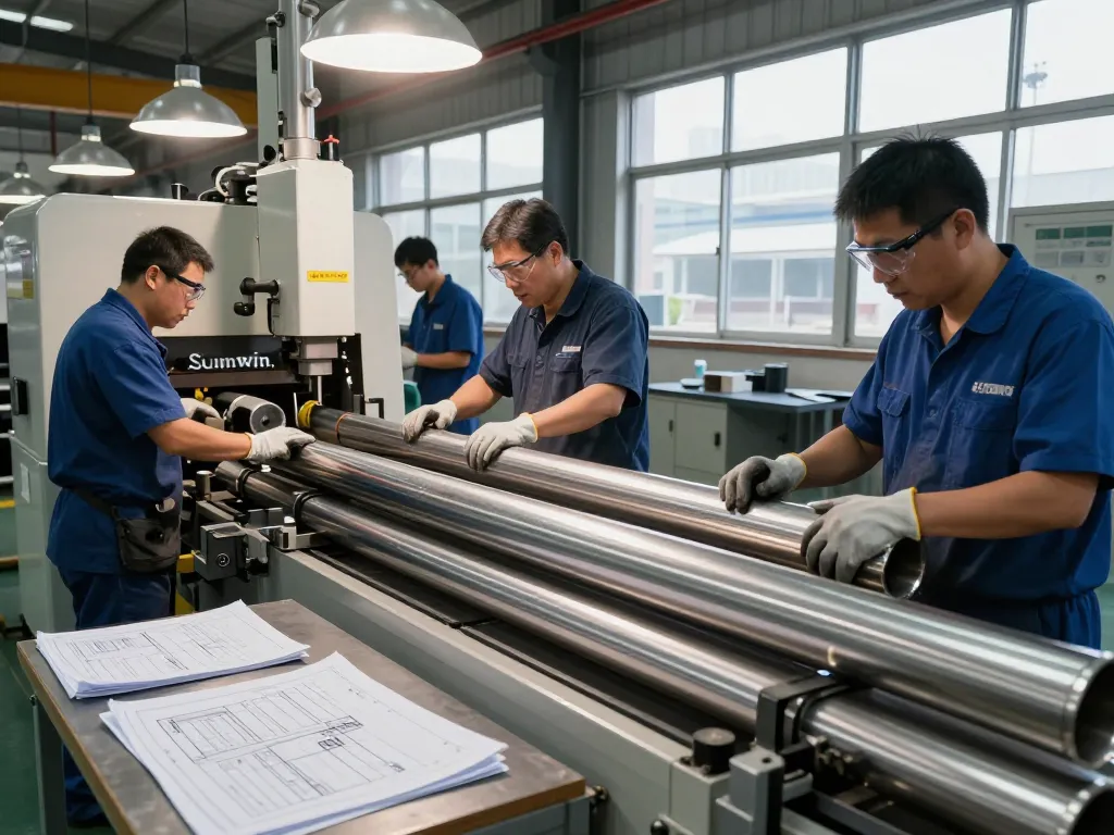 Manufacturing scene featuring Sumwin stainless steel pipes in an industrial workshop with skilled workers.