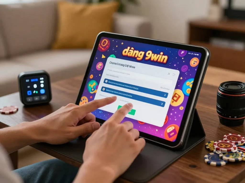 Engaging scene of registering for đăng ký 98win online casino on a tablet amidst a cozy home setup