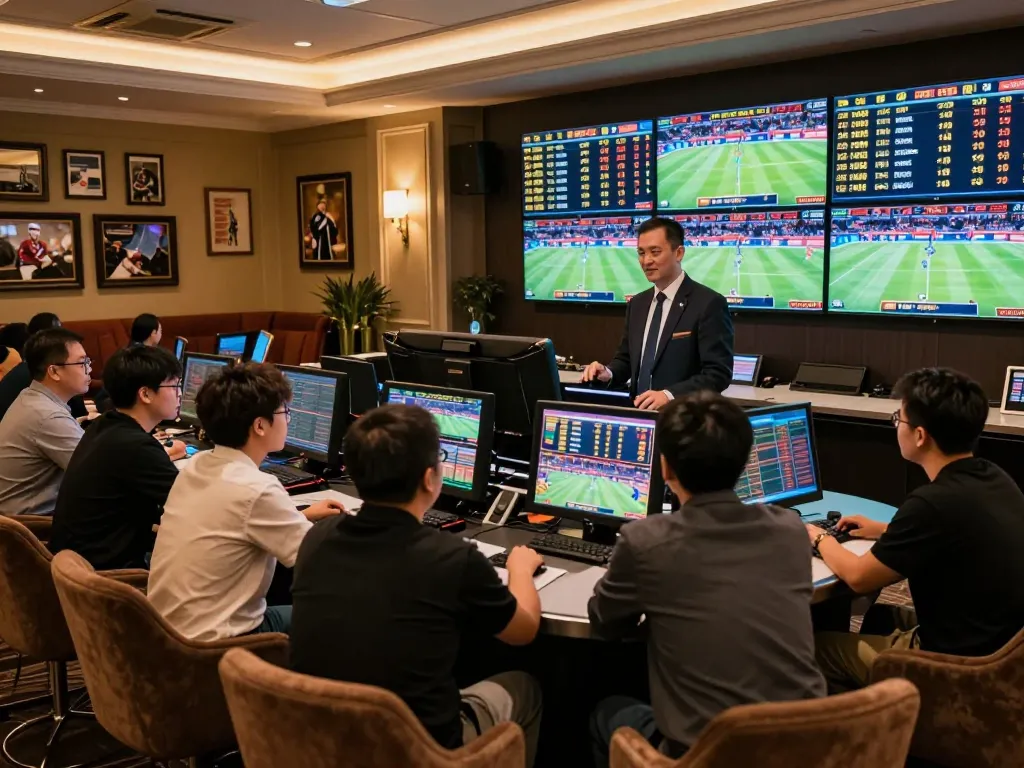 Engaged bettors using FC88's sports betting lounge for live event wagers, showcasing luxury atmosphere.
