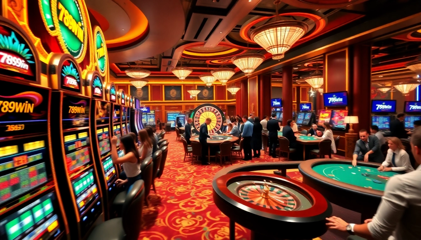 Catching the thrilling action at a 789win casino, vibrant players engaging with slot machines and roulette.