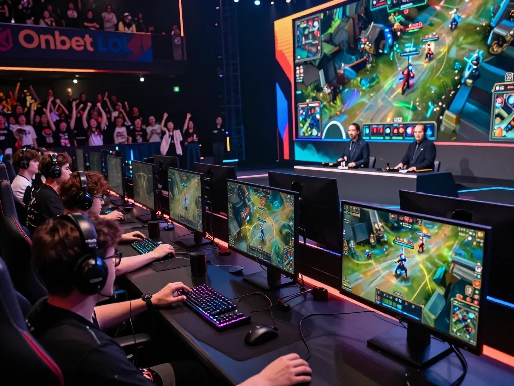 Intense gaming competition featuring Onbet LOL players in an esports arena.