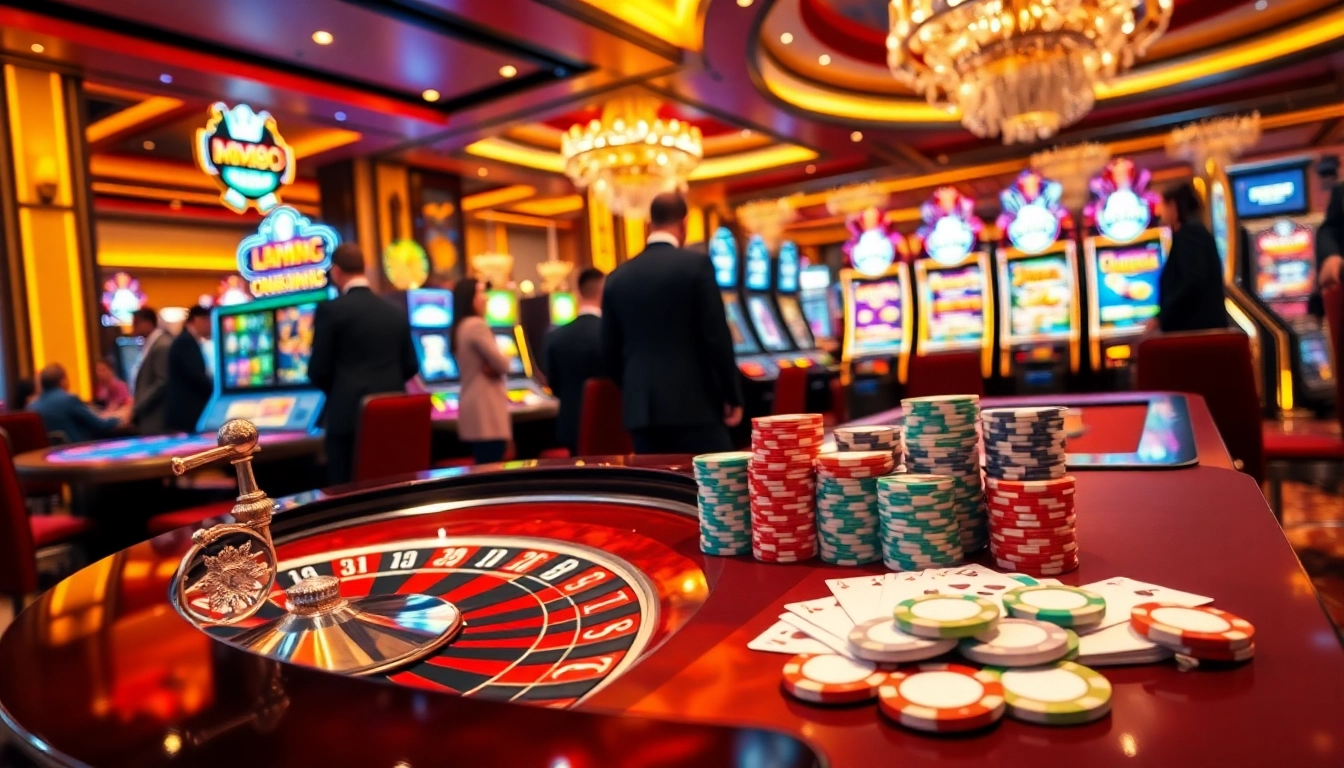 Experience MM88 excitement at a luxury casino with roulette, poker chips, and vibrant players.