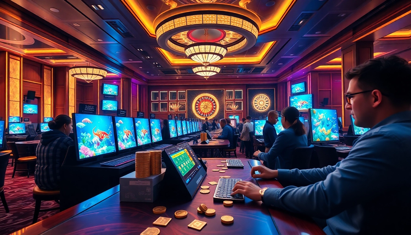 Engaging bắn cá đổi thưởng scene showcasing players strategizing in a vibrant casino atmosphere.