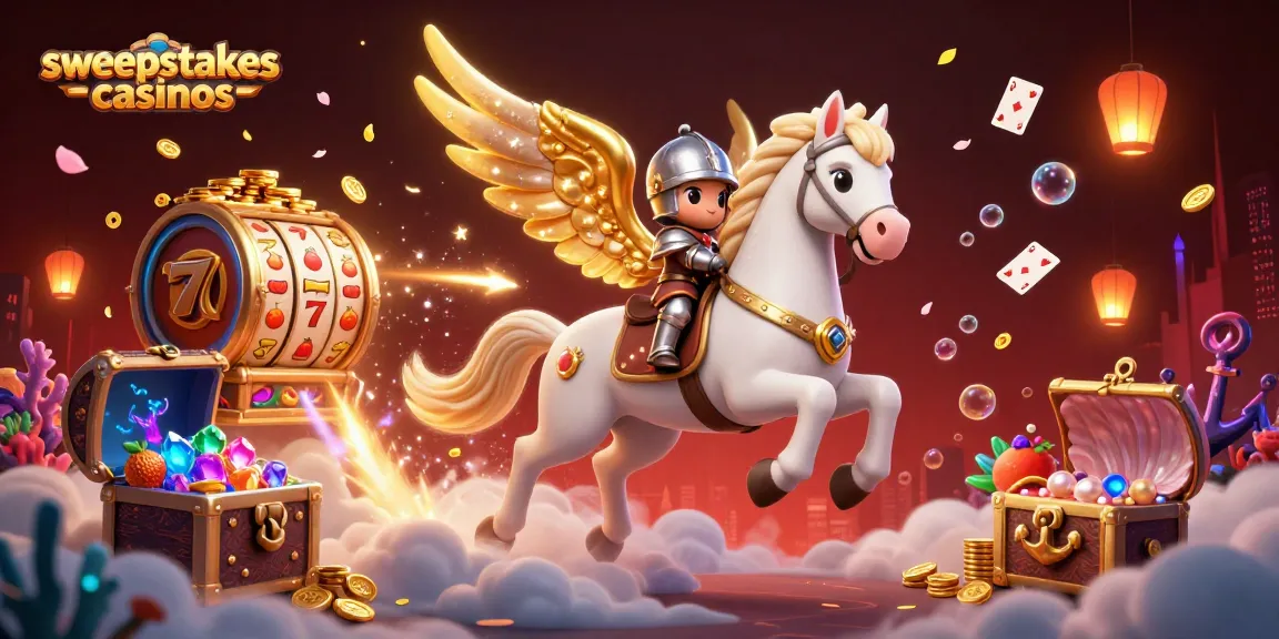 Sweepstakes casinos scene with a celestial horse, armored knight, and vibrant gambling elements.