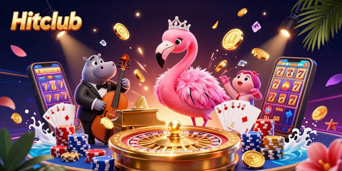 Hitclub invites players to enjoy vibrant casino experiences with a dynamic scene of a flamingo singer and hippo bassist.