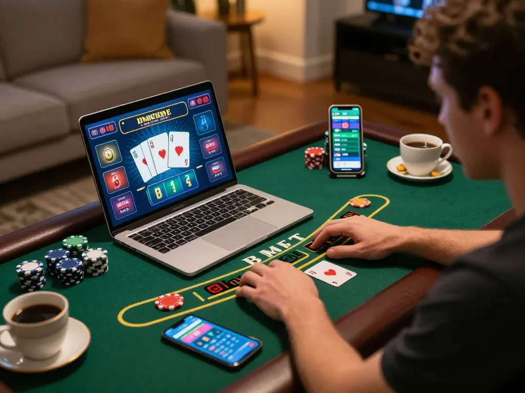 Engaging scene with a player enjoying gem 88 online blackjack in cozy home setting