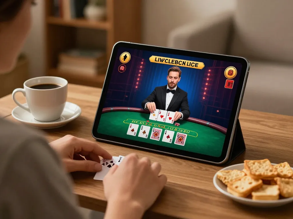 Engaging in live dealer blackjack gameplay on tablet at home, emphasizing responsible gambling with vipwin.