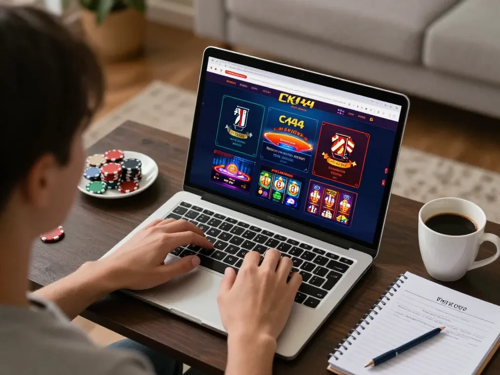 Engaging in online gambling on CK444 platform, featuring poker and slots, in a cozy home setting.