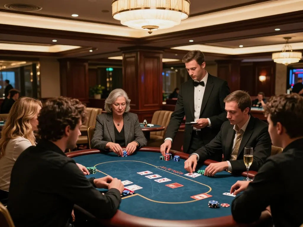 Engaged players at a da88 high-stakes poker table in a luxurious casino VIP area.