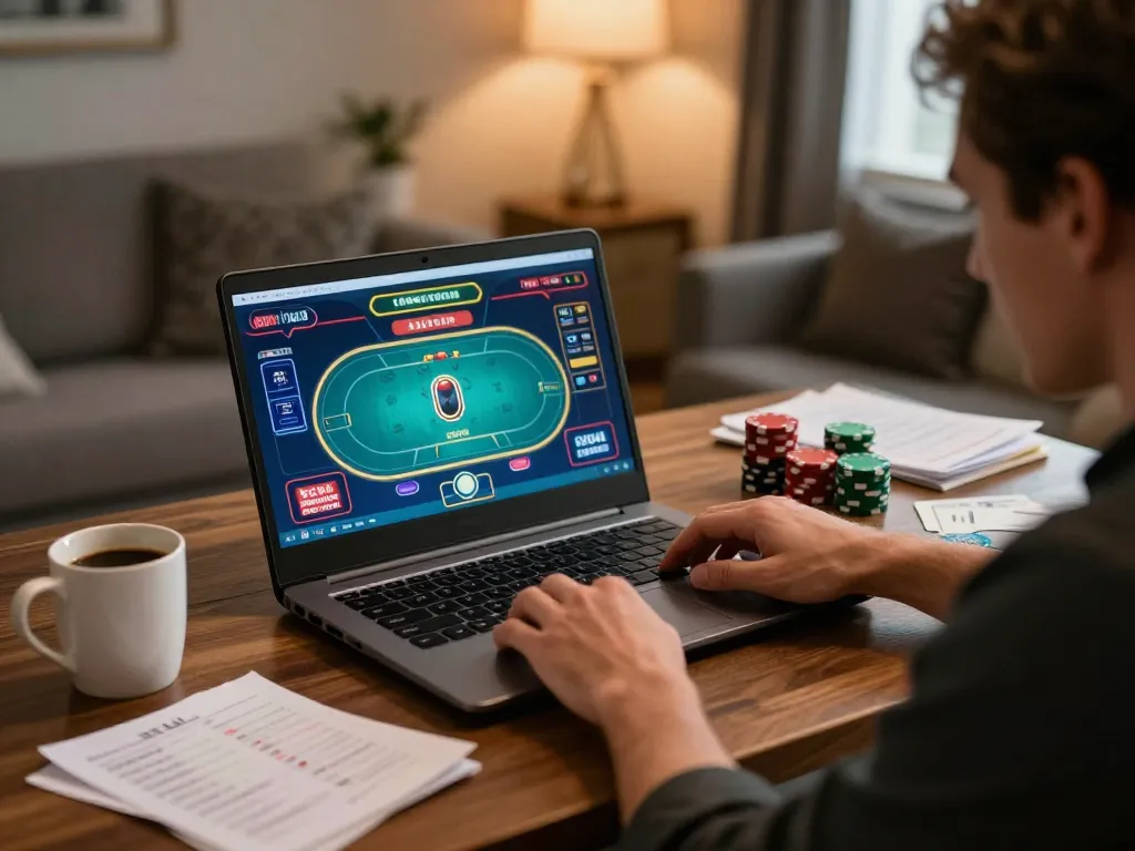 Fabet player strategizing during a high-stakes online poker game with laptop.