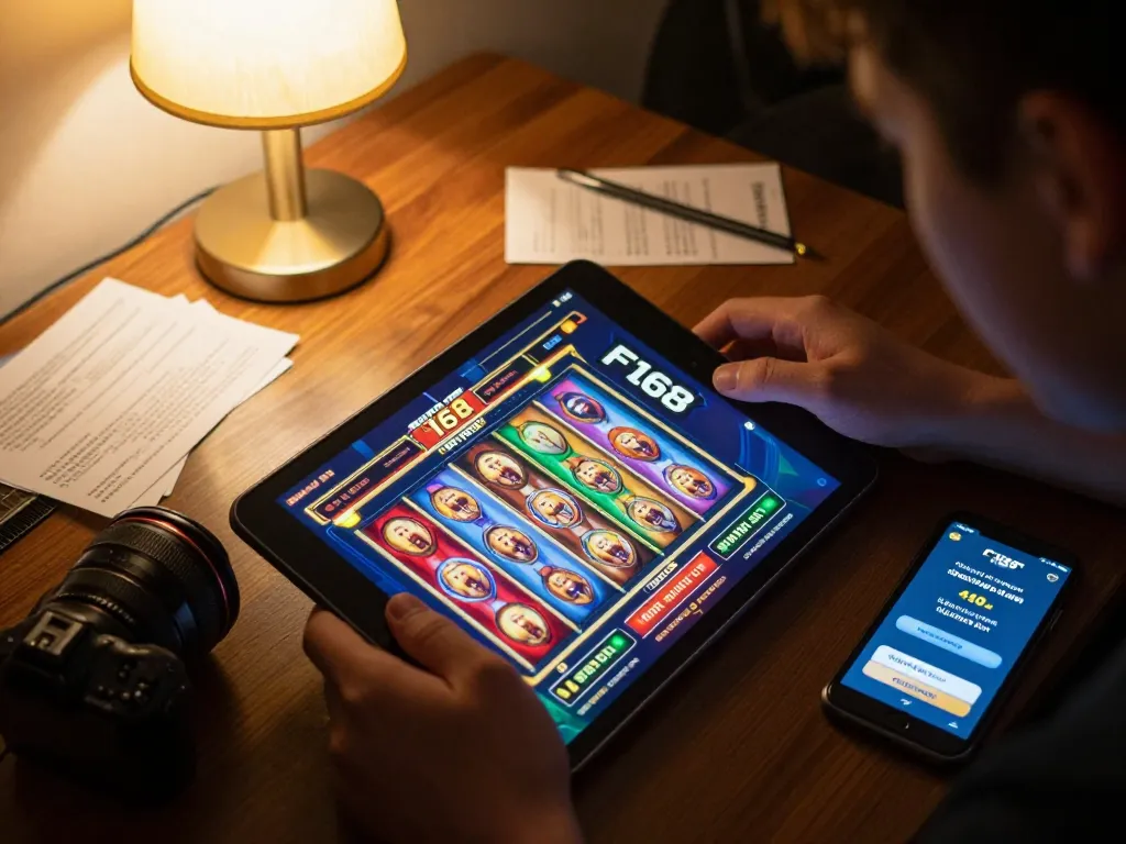 Player enjoying F168 online casino app on tablet in cozy home setting while practicing responsible gaming.