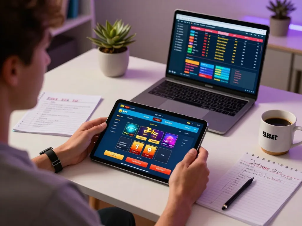 Playing on the 9Bet casino app with strategic notes at home, highlighting responsible gaming.