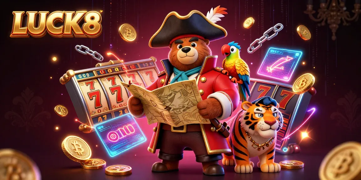 LUCK8 showcases an exciting slot game scene with a pirate bear, a tiger, and vibrant casino elements.