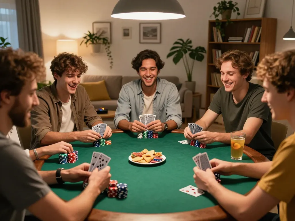 Engaged players enjoying poker at home during trang chủ cm88 game night with chips and cards