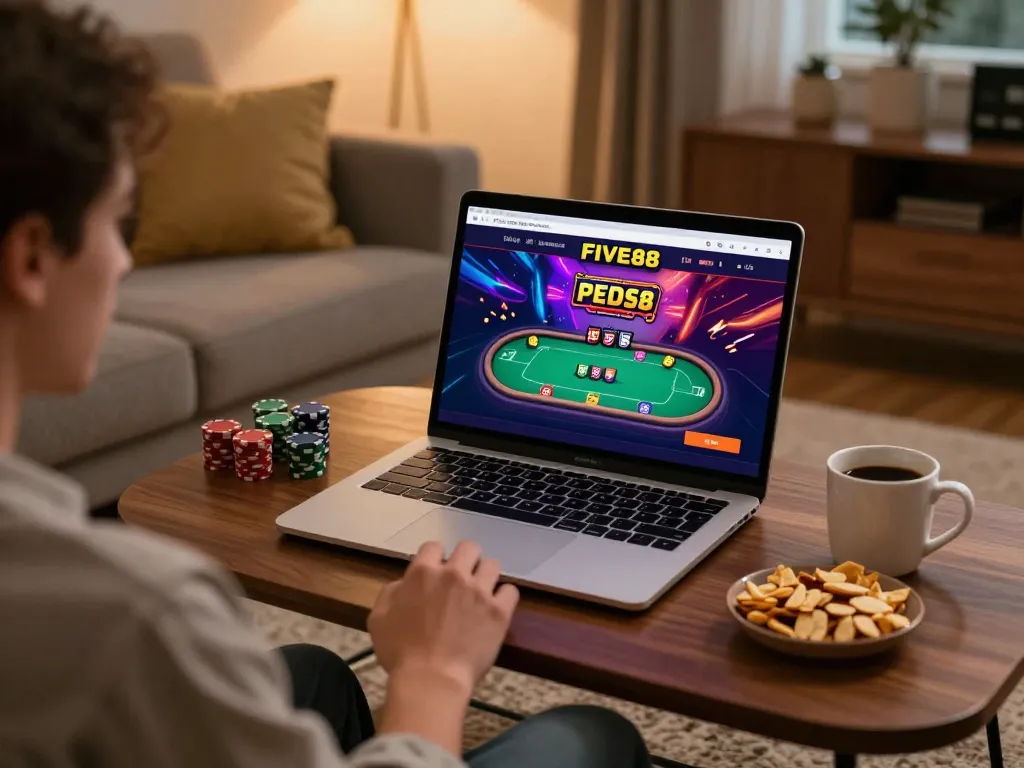 Engaged player using Five88 for online casino gaming in a cozy living room.