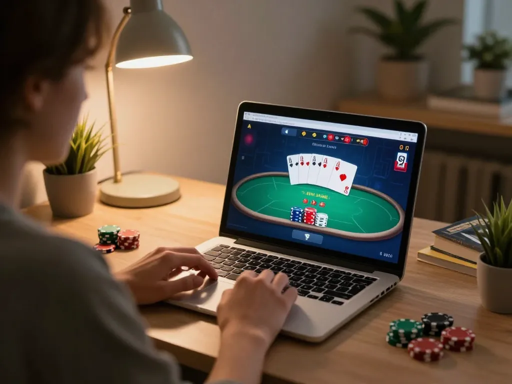 Engaging online poker gameplay experience with mb66 on laptop, showcasing cards and chips in vibrant interface.