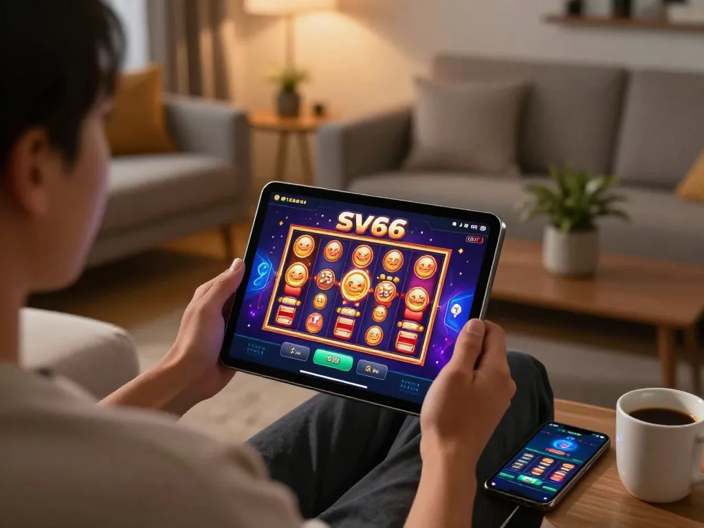 Engaging with casino app SV66 on a tablet in a cozy home setting, highlighting responsible gaming.