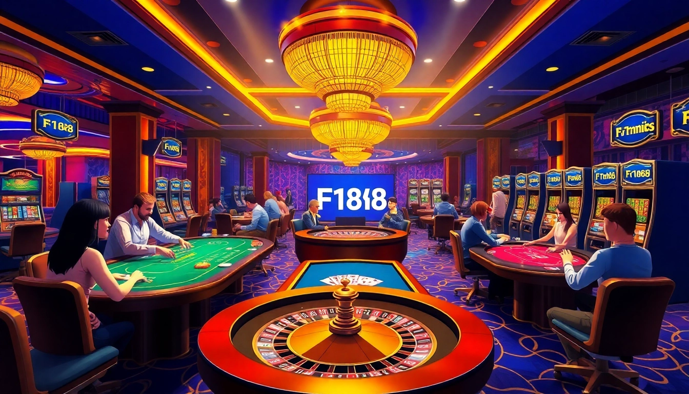 Experience F168 gaming excitement with vibrant casino tables, chips, and players winning big.