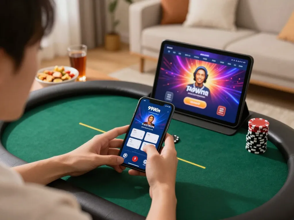 Engaging with the 99Win app on smartphone, showcasing a vibrant poker table interface in a cozy home setting.