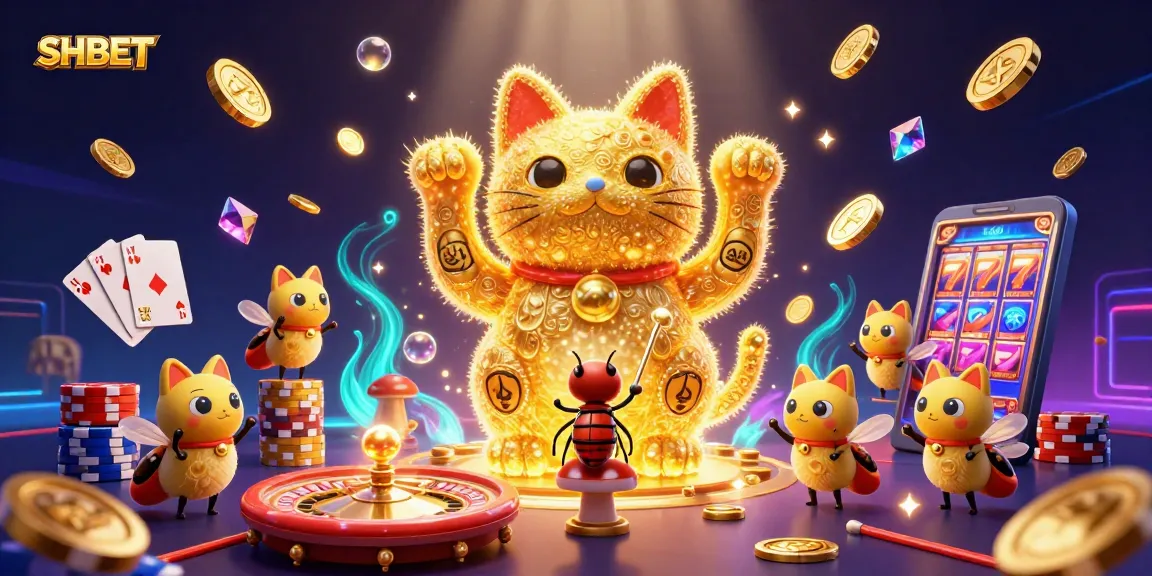 Engage with the vibrant SHBET casino universe featuring a dynamic lucky cat and vivid game elements.