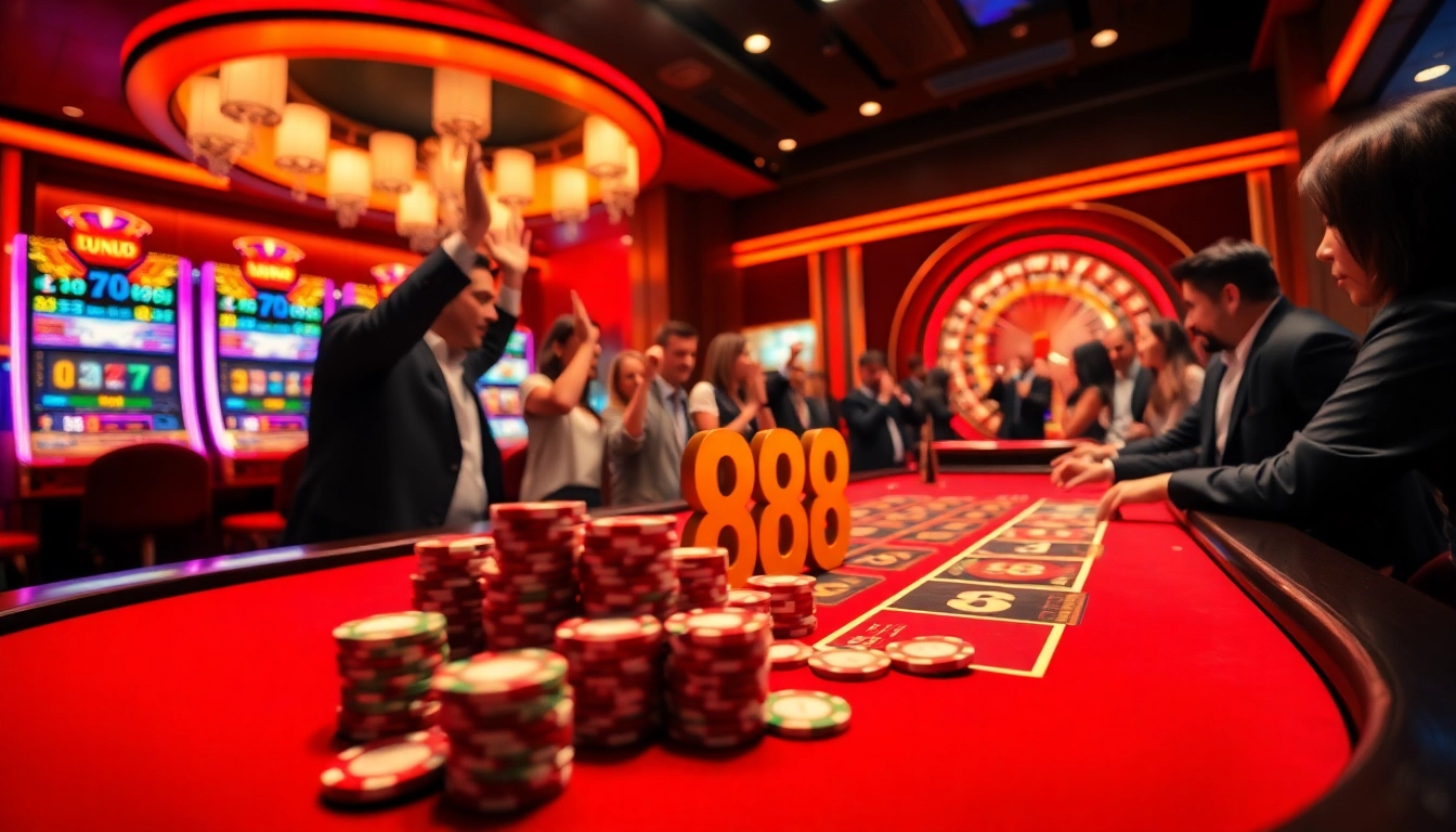 Players enjoying a thrilling game at the UU 88 casino table, showcasing vibrant chips and slot machines.
