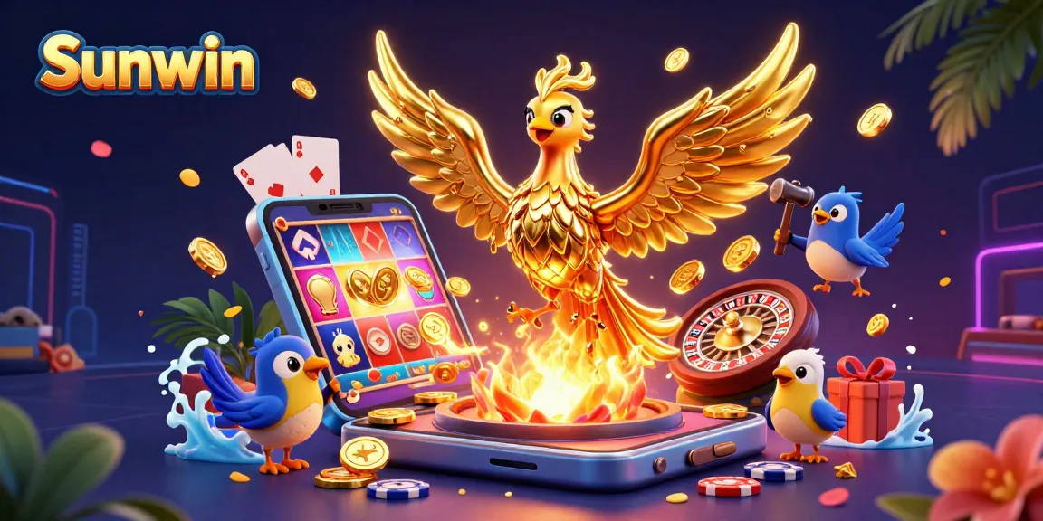 Win big with Sunwin's golden gaming experience featuring vibrant slot action and colorful tokens.