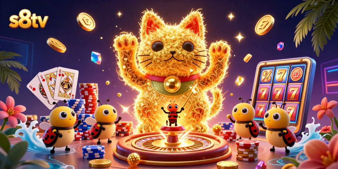 S8TV showcases a stunning scene with a lucky cat and vibrant casino elements enhancing the gaming experience.