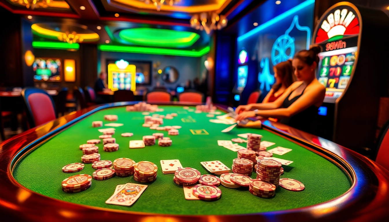 Exciting poker game scene featuring 98Win branding with chips and cards in a luxurious casino.