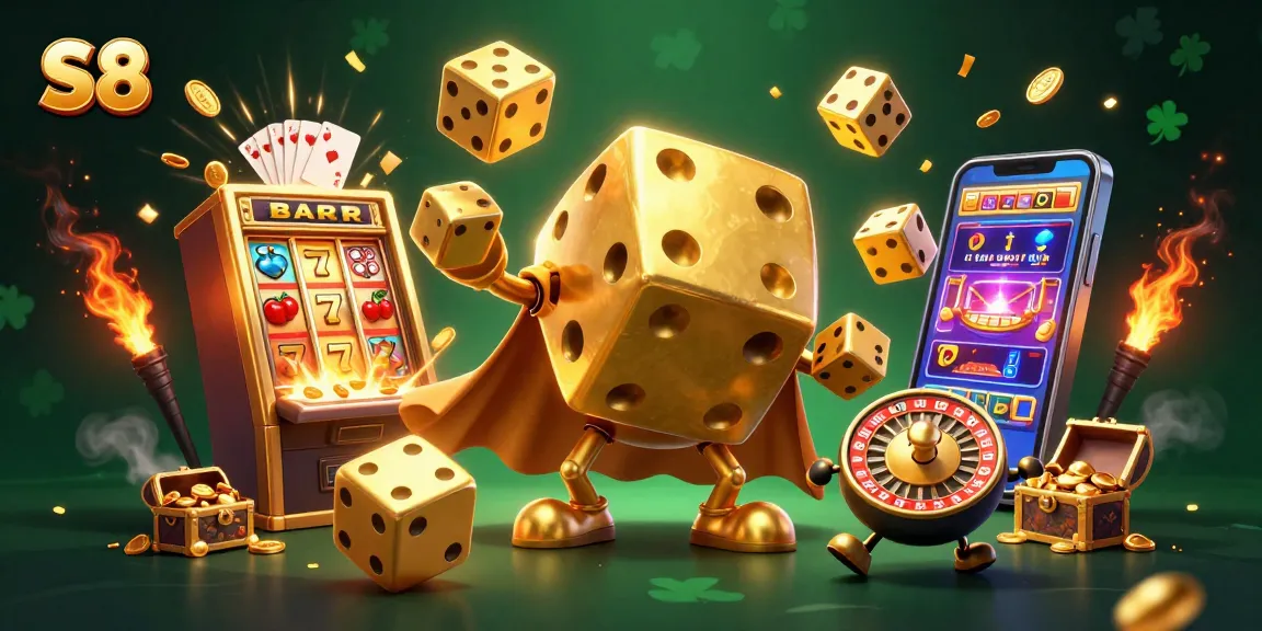 Engage with S8's thrilling casino games where golden dice roll amidst vibrant jackpots and exciting symbols.