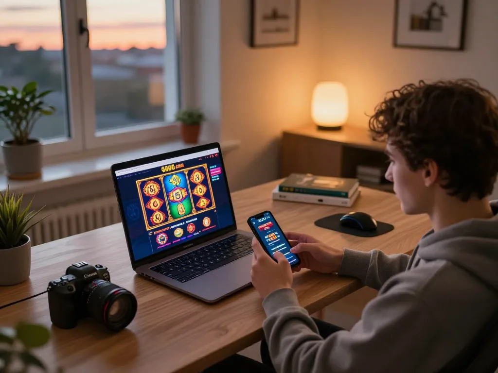 Playing games on S666.com with a laptop in a cozy home setup, showcasing a vibrant online casino experience.
