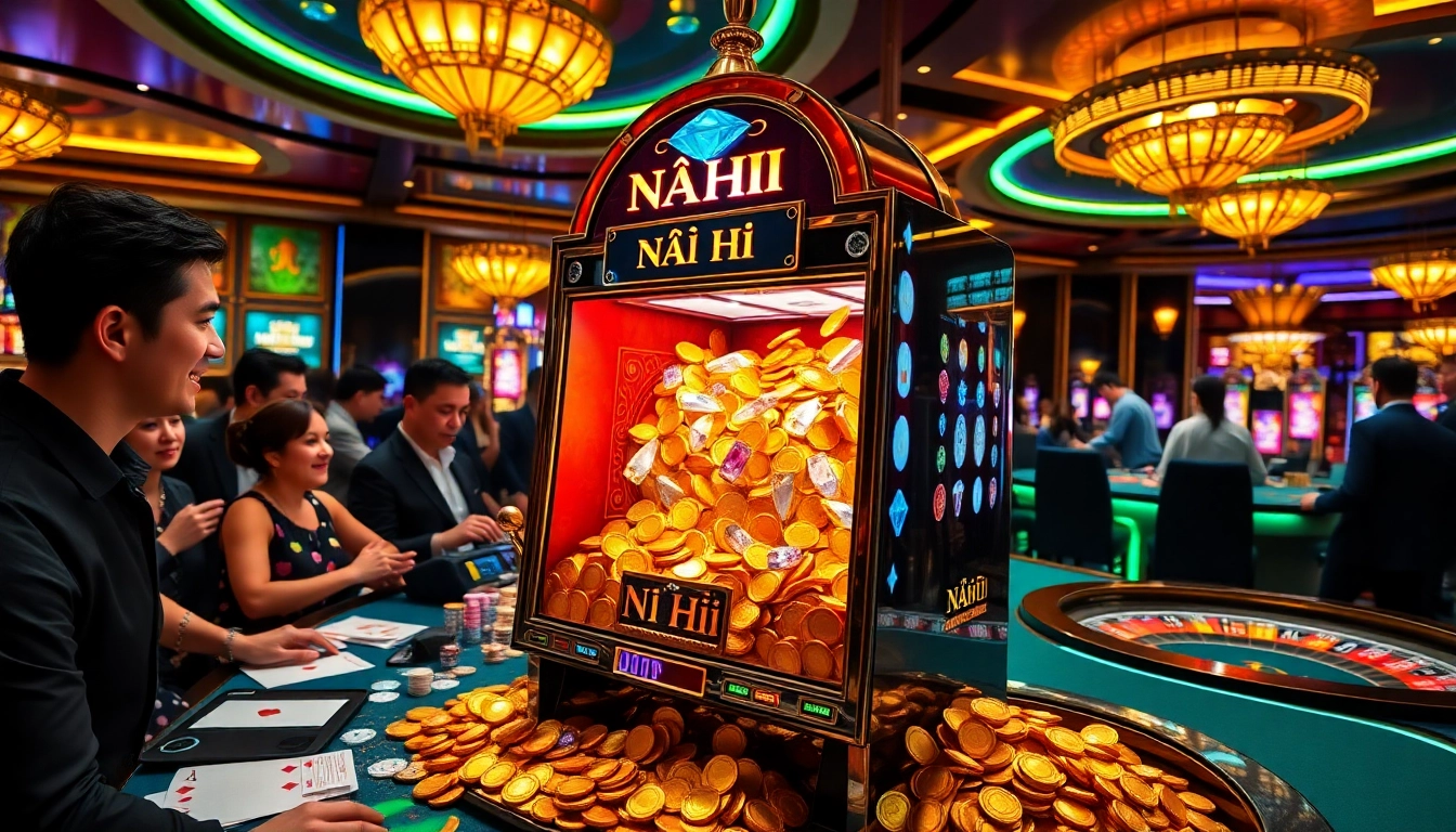 Exciting gambling scene with Nổ Hũ slot machine delivering colorful bonuses and golden treasures.