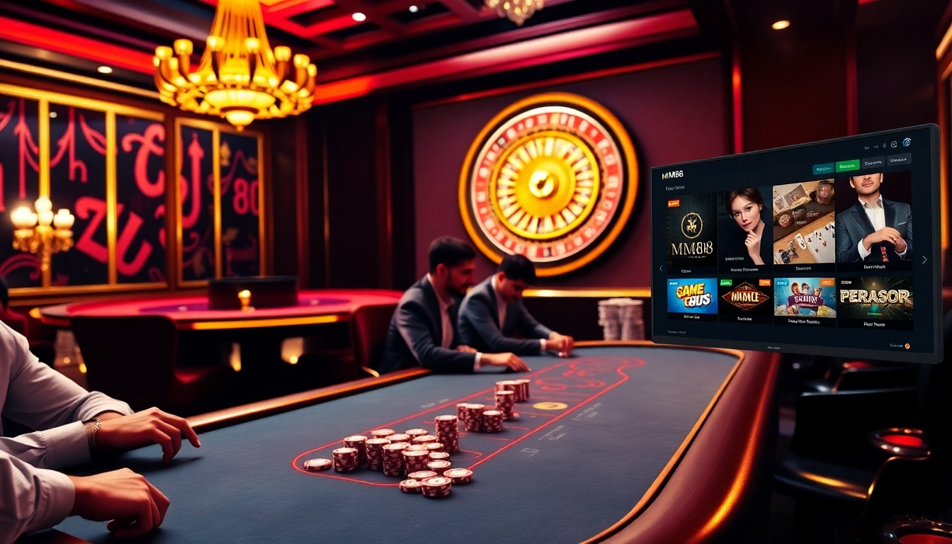Players enjoying a high-stakes game at MM88 casino, surrounded by vibrant poker chips and games.