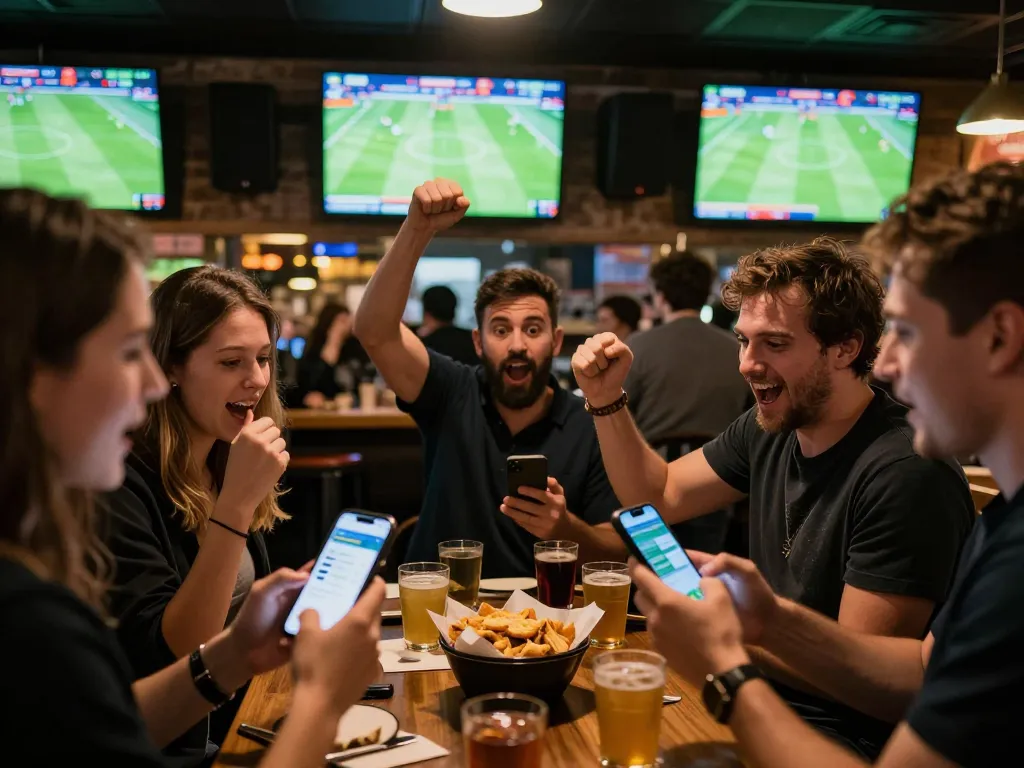 KQBD patrons celebrating live football results at a sports bar with excitement