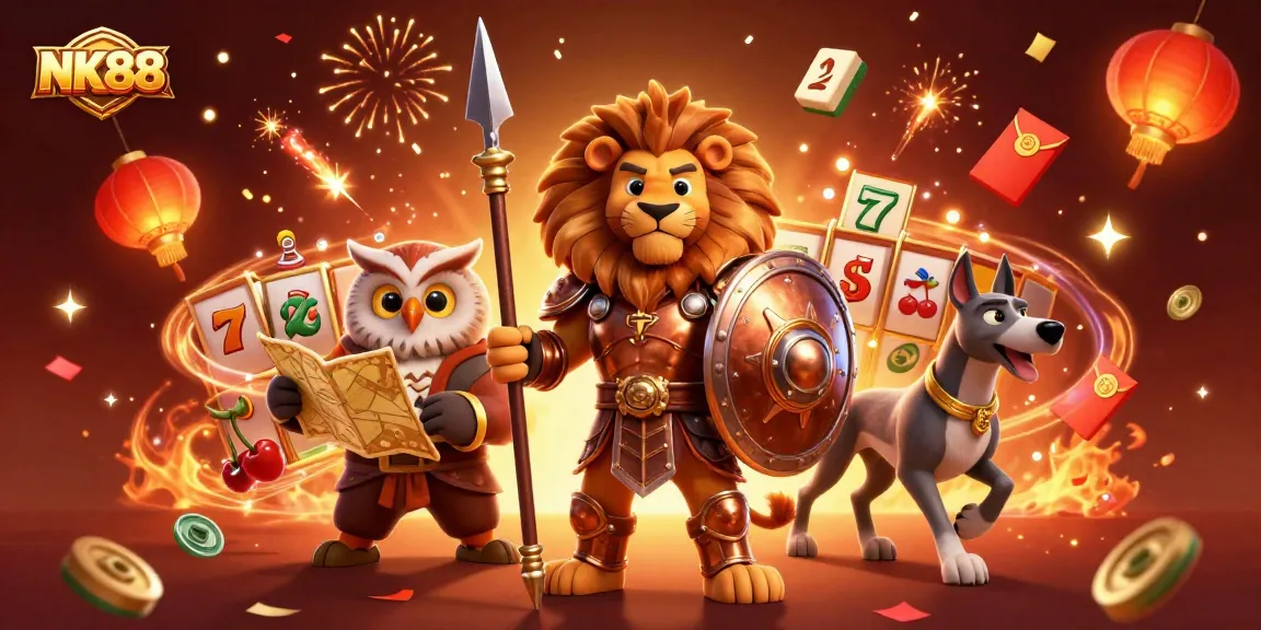 NK88 presents an engaging scene where a Spartan lion, an owl strategist, and a greyhound messenger symbolize victory in betting.