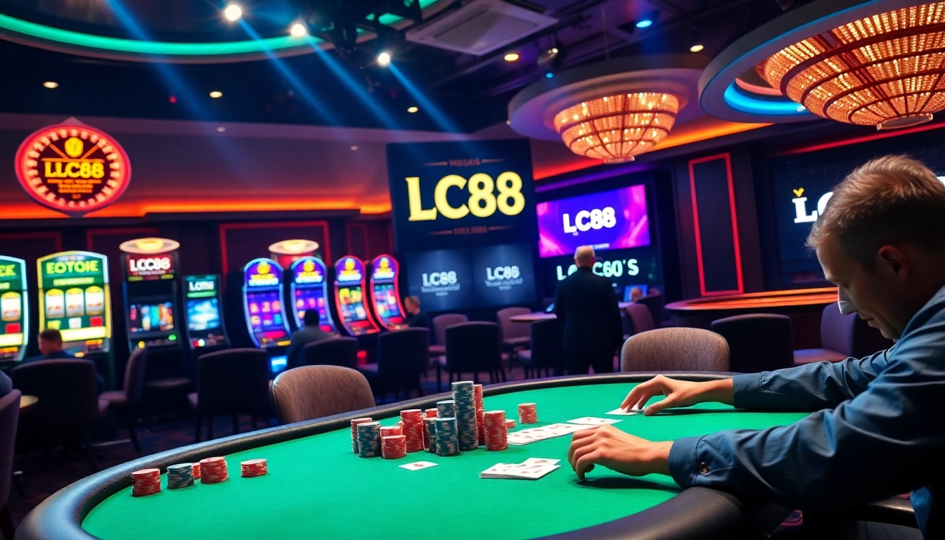 Experience thrilling gameplay at LC88's vibrant casino with roulette and poker action.