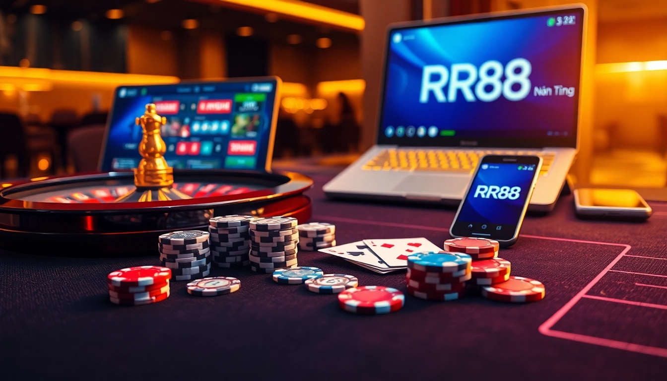 Nền Tảng RR88 luxury online gambling scene with poker chips, roulette wheel, and modern interface
