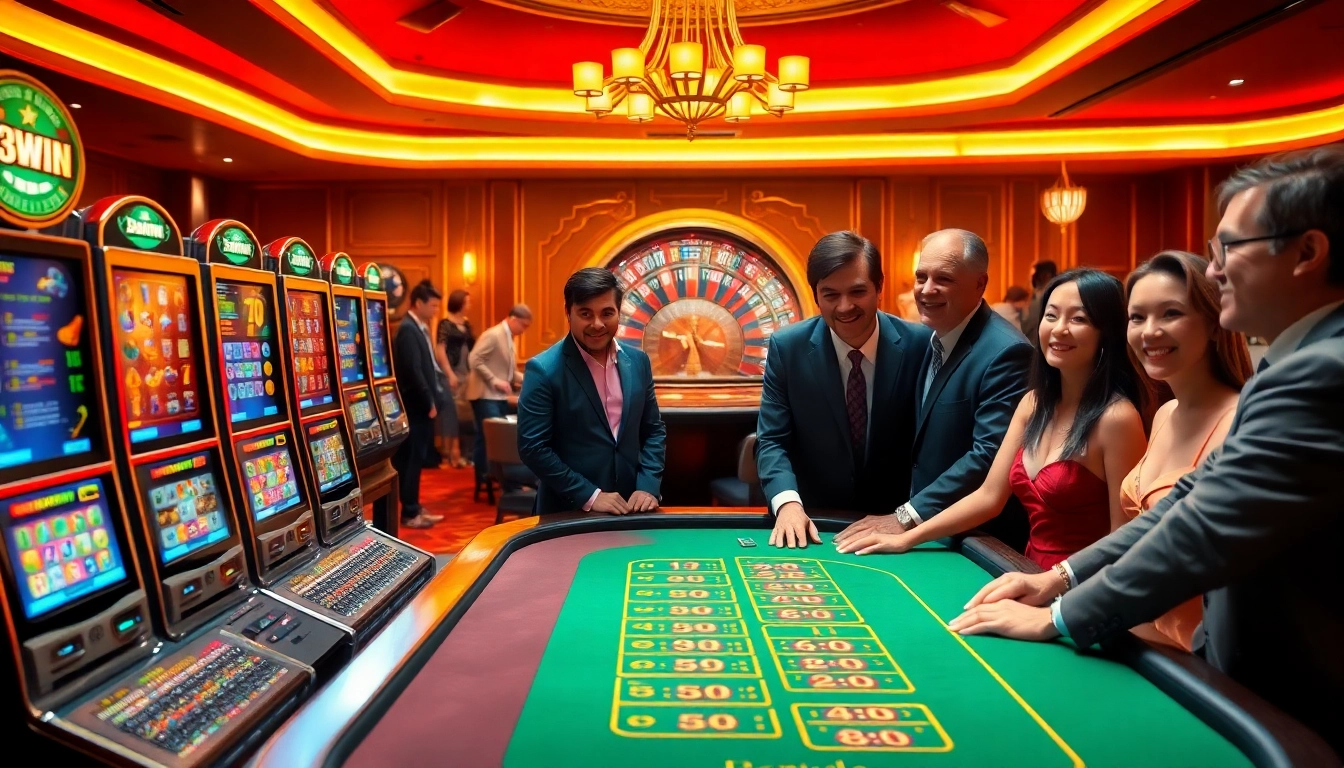 33WIN players enjoying a high-stakes gaming experience at a luxurious casino table.