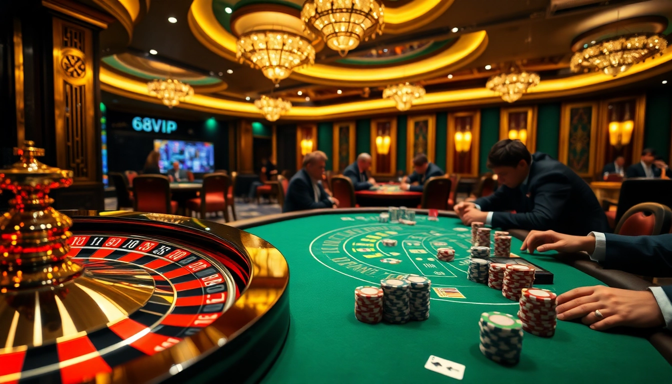 Experience the thrill at 68VIP casino with luxurious gambling tables and vibrant poker chips.