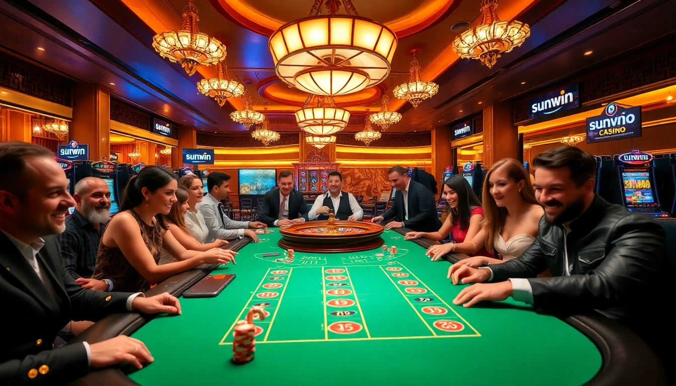Experience the thrill of sunwin at an upscale casino, with vibrant gaming tables and excited players.