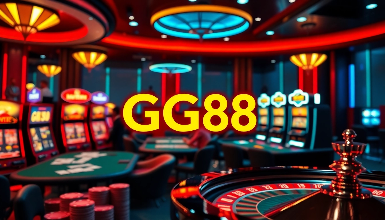 Experience premium gaming at GG88 with vibrant slot machines and an exciting poker table.