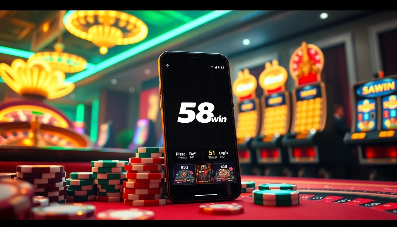 The app 58win showcases an exciting gambling experience with vibrant casino elements and a luxury atmosphere.
