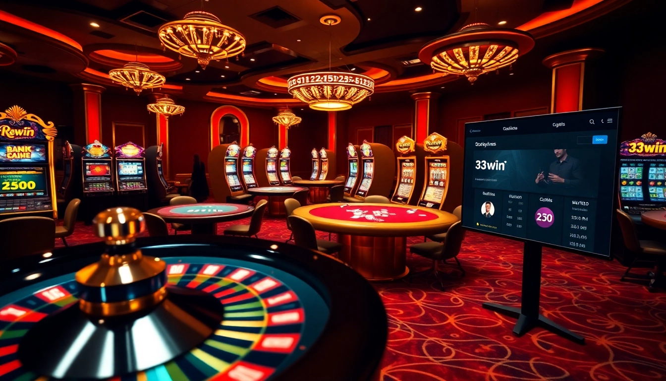 33win players engaging at an upscale casino table with vibrant slot machines nearby.