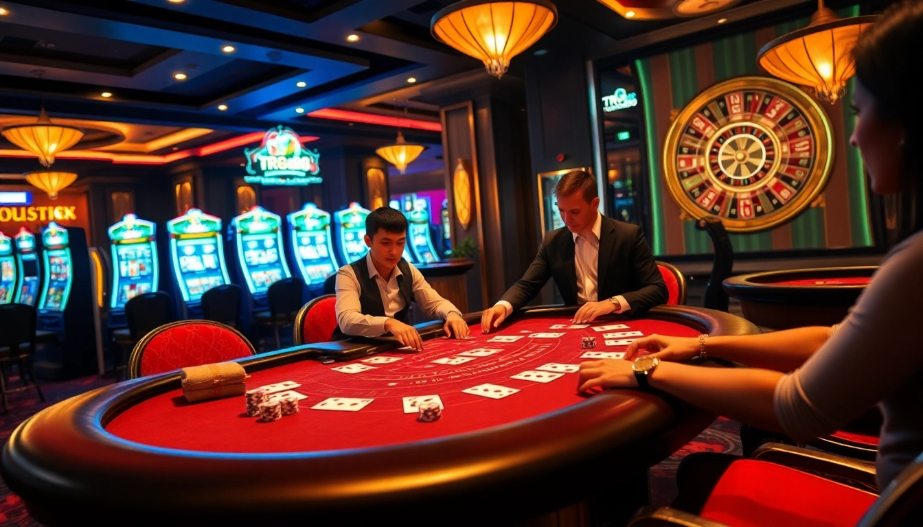 Experience high-stakes gambling at TR88 with a lively blackjack table and engaging dealer.
